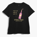 Black women’s t-shirt with a pink glitter wine bottle and straw, and yellow lettering about wanting to strawpedo a bottle of wine