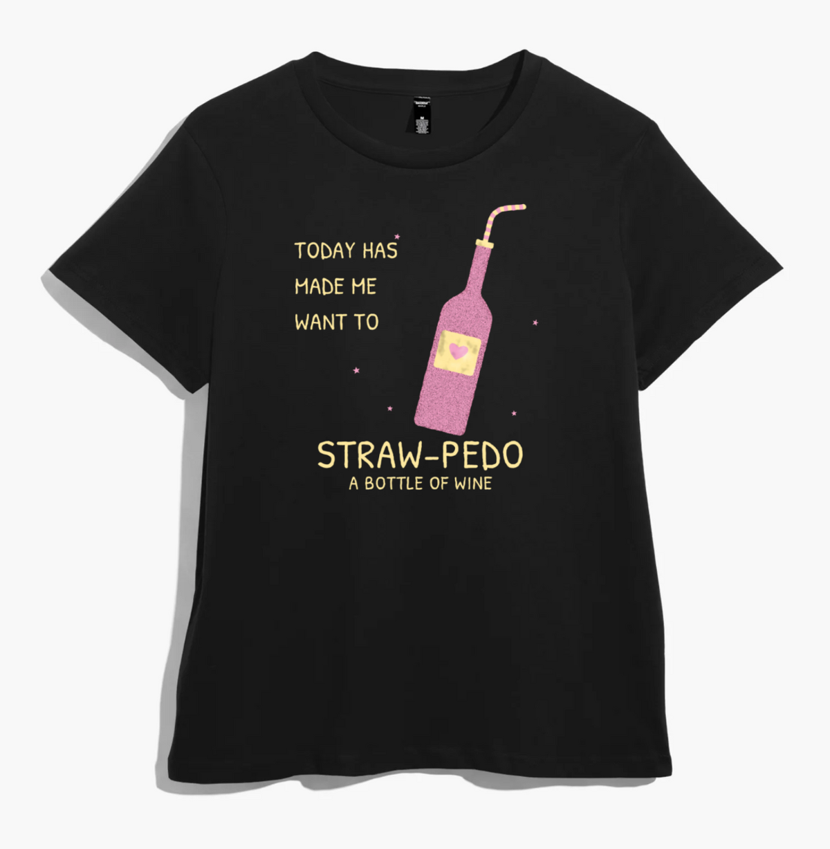 Black women’s t-shirt with a pink glitter wine bottle and straw, and yellow lettering about wanting to strawpedo a bottle of wine