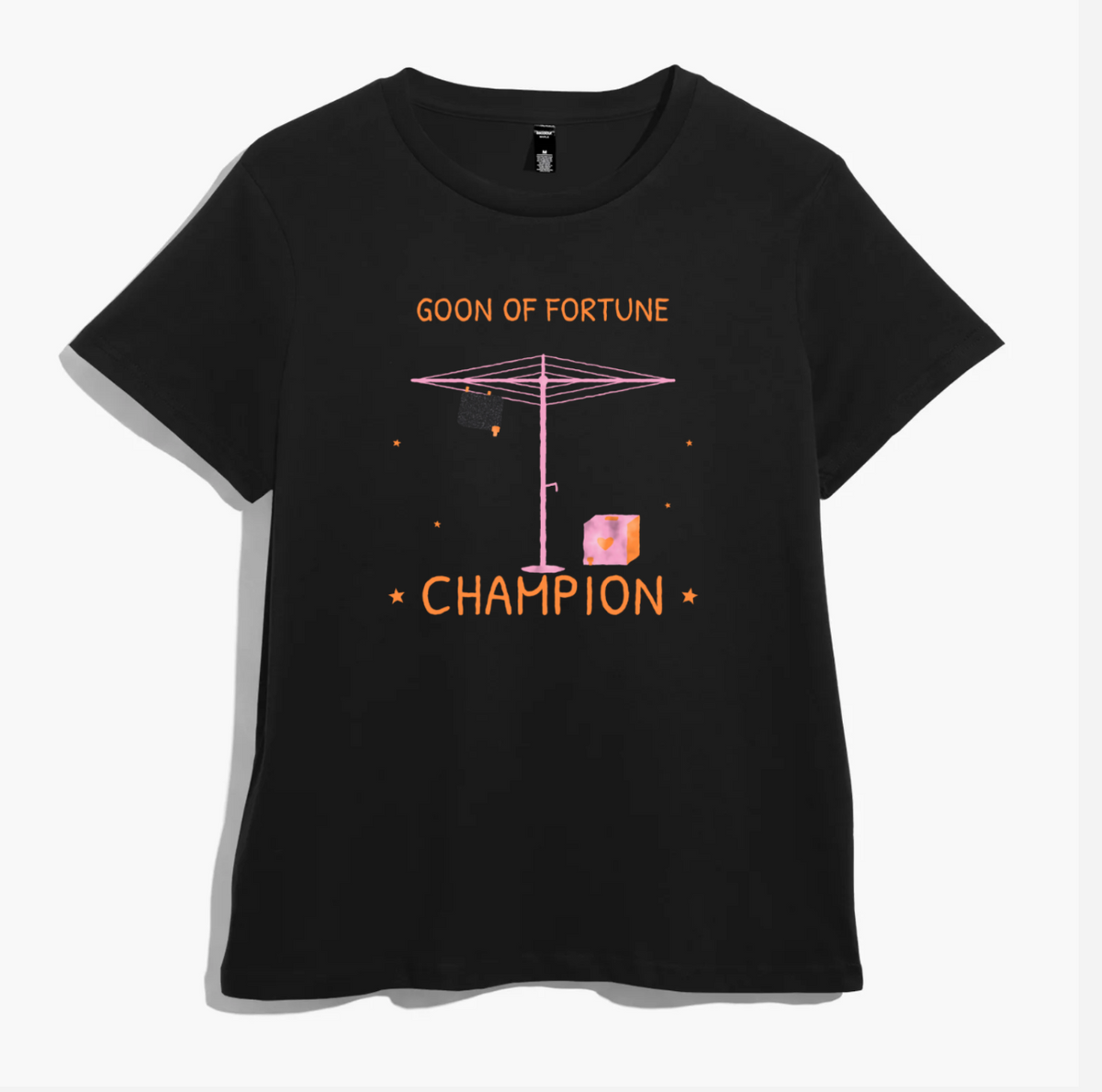 Black women’s t-shirt with a pink rotary clothesline, a goon bag pegged to the line, a cask box and orange lettering reading goon of fortune champion