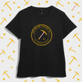 Black women’s t-shirt with a gold circular badge reading Dopamine Mining Co. Est. Whenever I Felt Like It, with a pink-handled pickaxe and a star