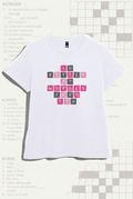 White women’s t-shirt with pink and charcoal letter tiles laid out like a crossword