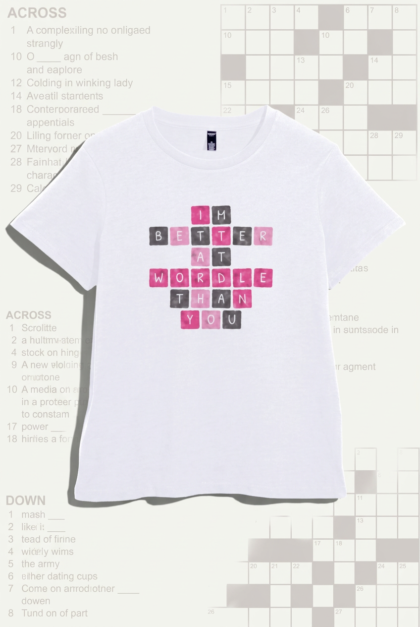 White women’s t-shirt with pink and charcoal letter tiles laid out like a crossword