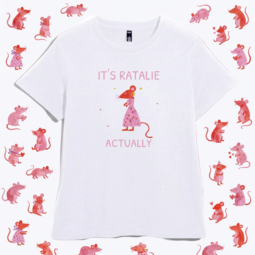 White women’s t-shirt with a hand-drawn rat in a pink polka dot dress and the words It’s Ratalie Actually in pink
