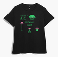 Black women’s t-shirt with hand-drawn lamps, pink glitter lampshades and green lettering asking to turn the big light off