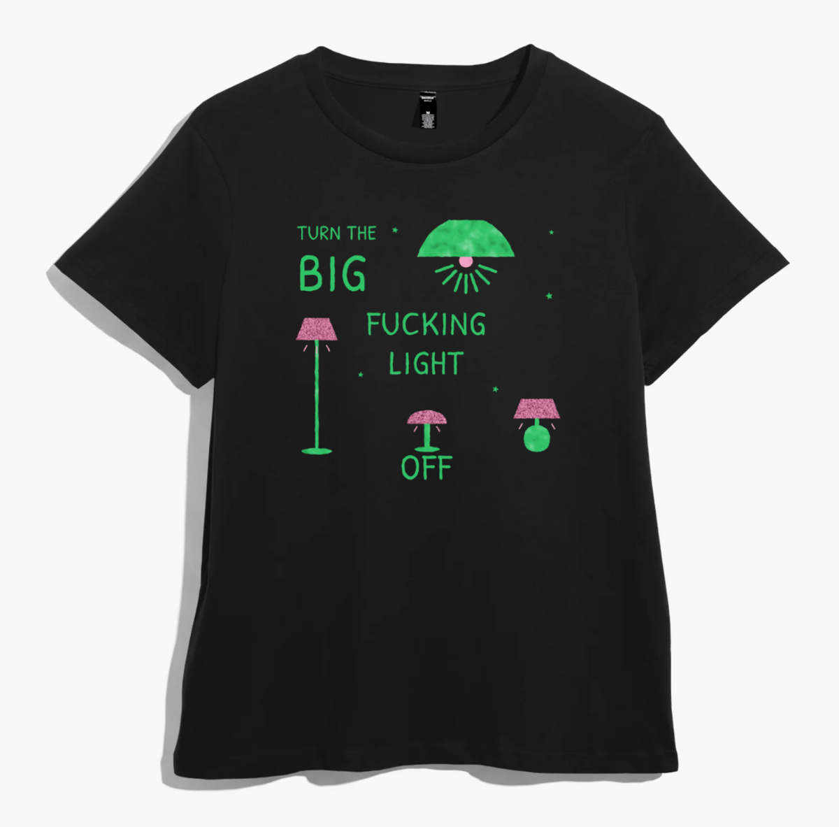 Black women’s t-shirt with hand-drawn lamps, pink glitter lampshades and green lettering asking to turn the big light off